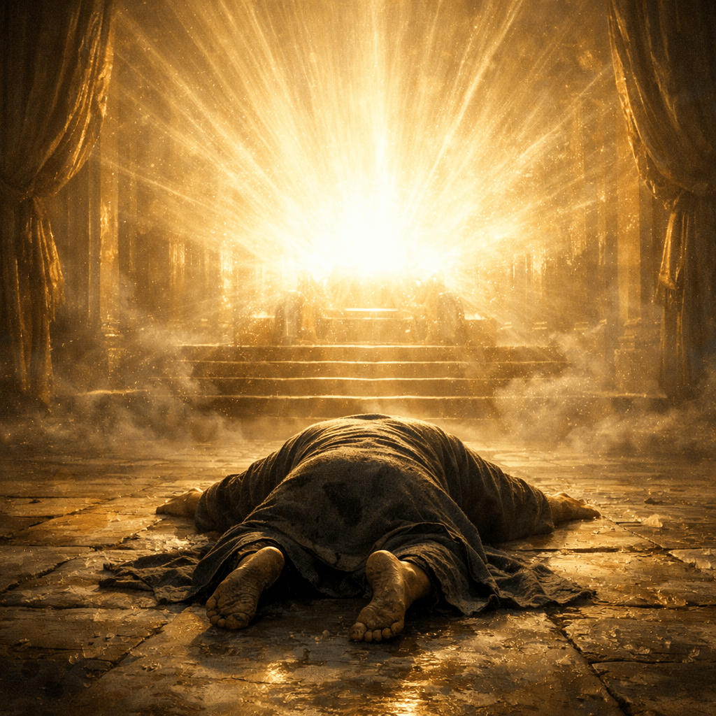 Prostrate individual before radiant unseen judgment seat