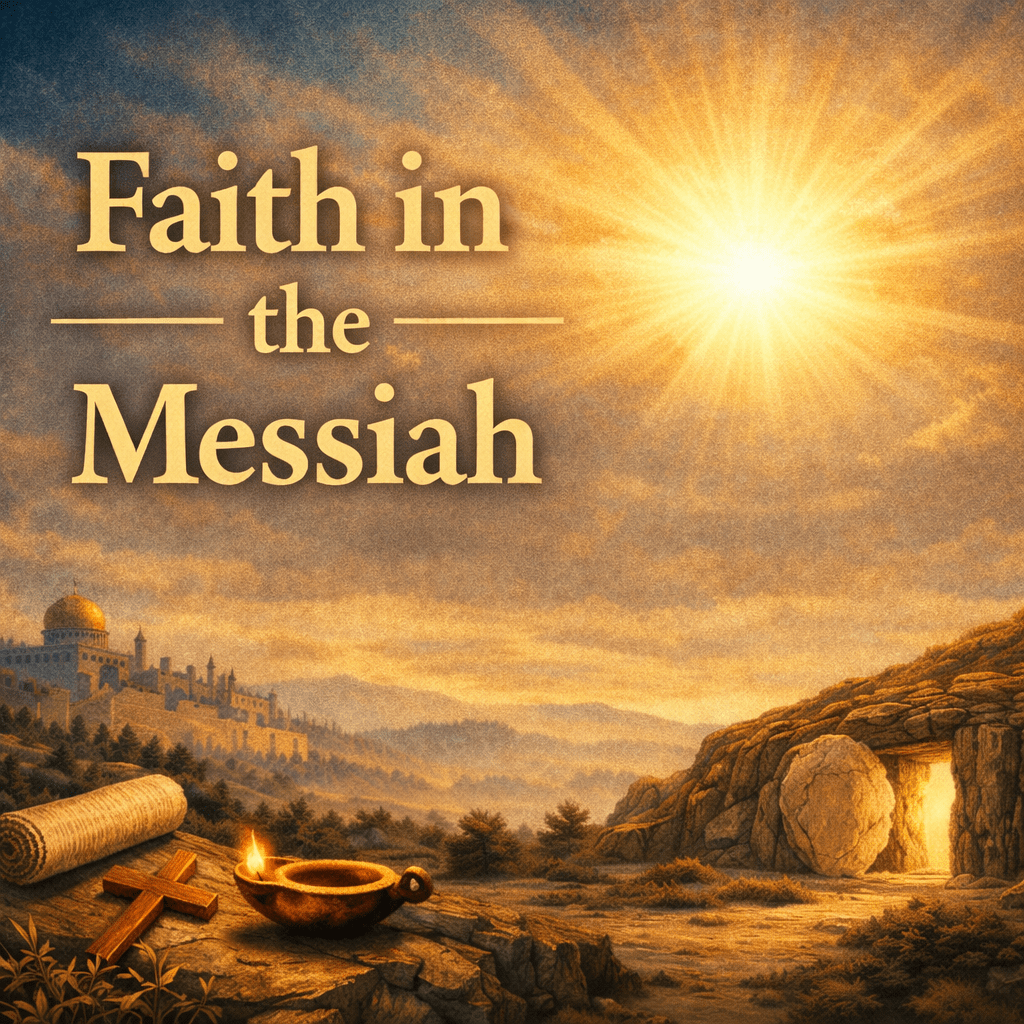 Jesus holding a cross with radiant halo near an empty tomb and Greek text