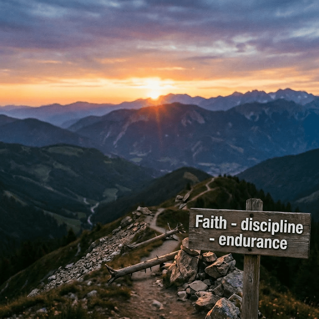 Wooden sign with text 'Faith and discipline and endurance' against sunset mountain background