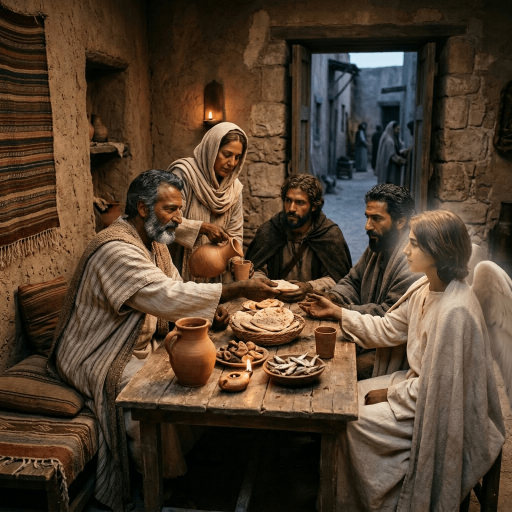 Five people in biblical attire sharing bread and drink at a rustic wooden table
