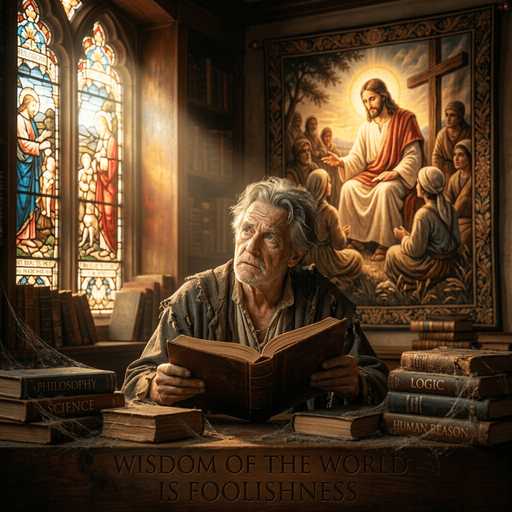 Elderly man reading book in room with stained glass windows and religious painting