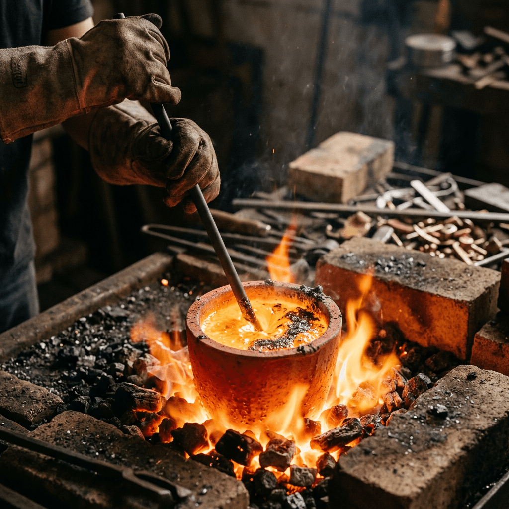 Gloved hands stirring glowing molten metal in a crucible surrounded by fire and bricks