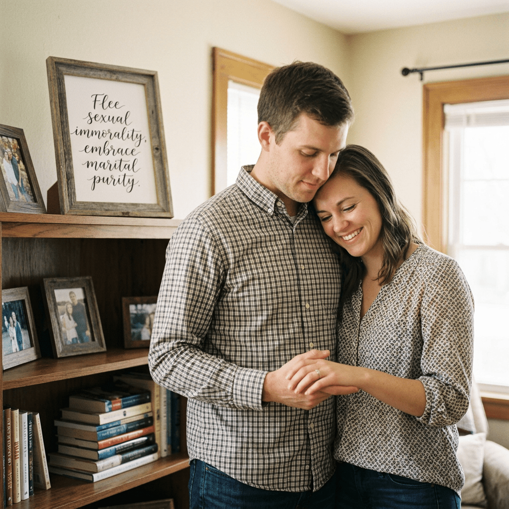 Couple holding hands and smiling while looking at engagement ring