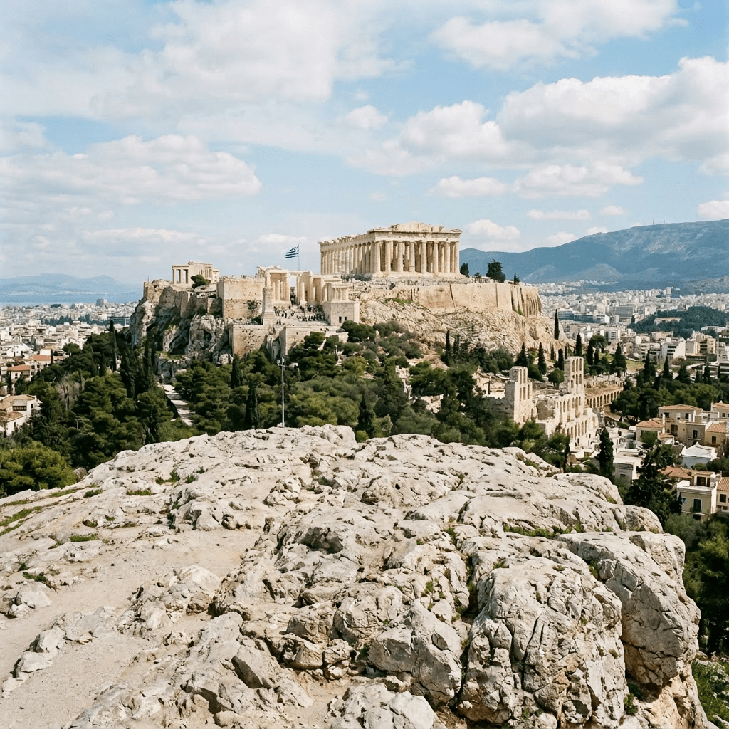 Tourists walking and sitting on rocky hill with the Acropolis ruins and Greek flag in the background