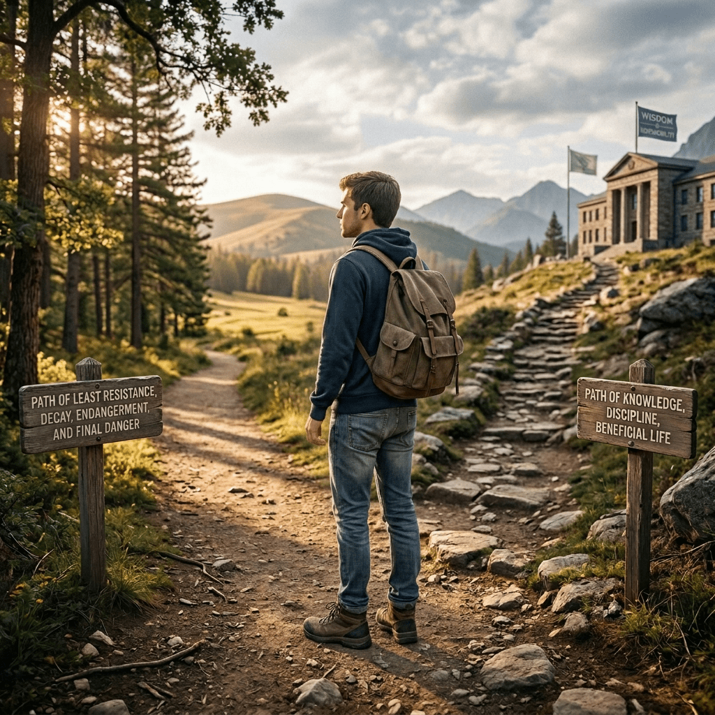 Young man standing at a fork in a trail with signs showing 'Path of least resistance, wild freedom, uncharted adventure' and 'Path of knowledge, discipline, beneficial life'
