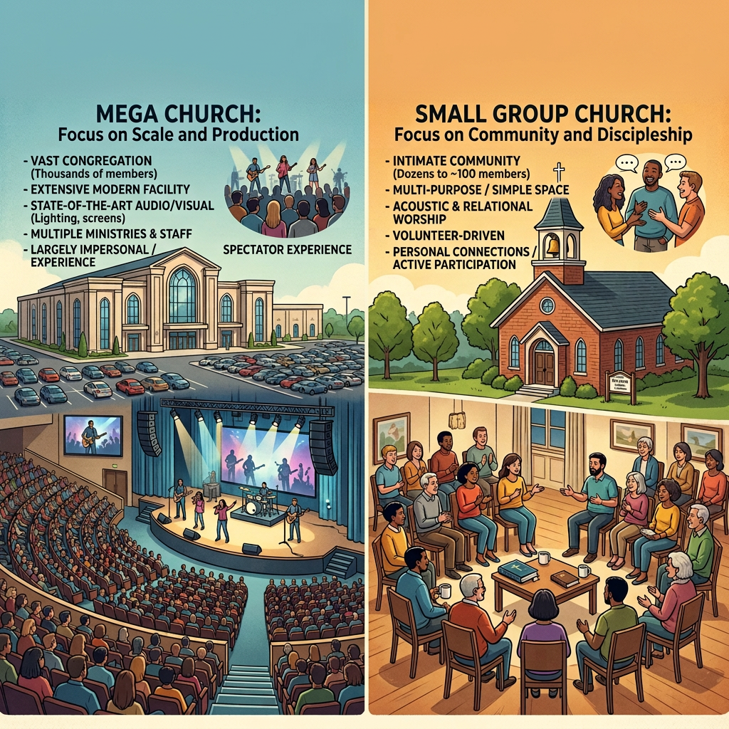 Infographic: Comparing and Contrasting Church Models—One Faith, Different Expressions. Mega church focuses on scale and production, with a vast congregation, modern facilities, audiovisual technology, multiple ministries, and largely impersonal spectator experience. Small group church focuses on community and discipleship, with an intimate community, simple multipurpose space, acoustic relational worship, volunteer leadership, and personal participation.