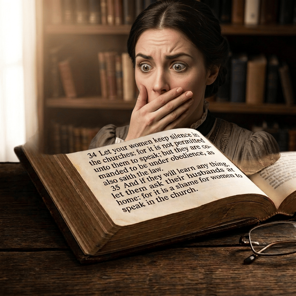 Open Bible displaying 1 Corinthians 14:34–35 beside eyeglasses