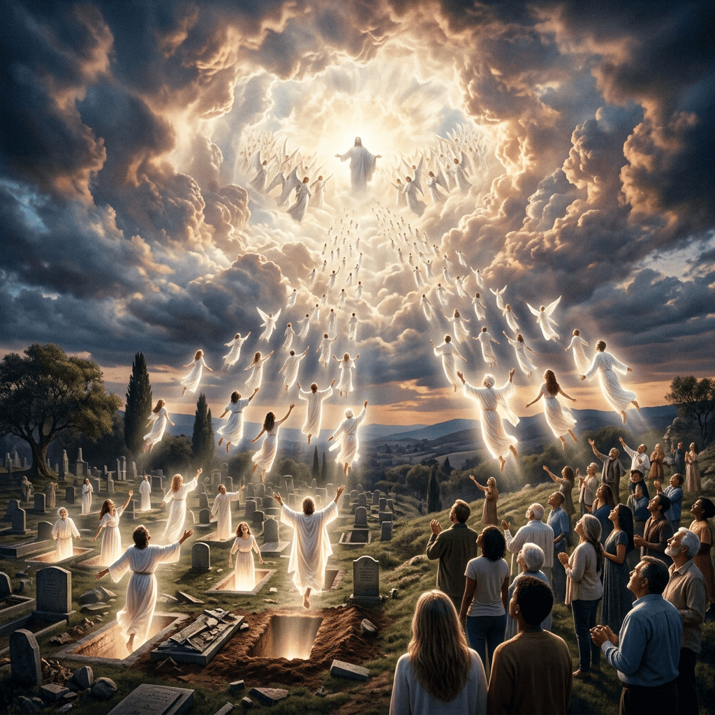 Glowing figures ascending from graves as people gather in a cemetery